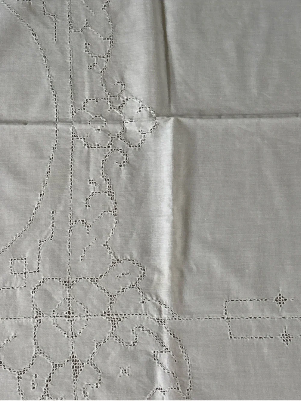 Vintage Richelieu Embroidered Cut Work White Linen Blend Tablecloth Floral Motif